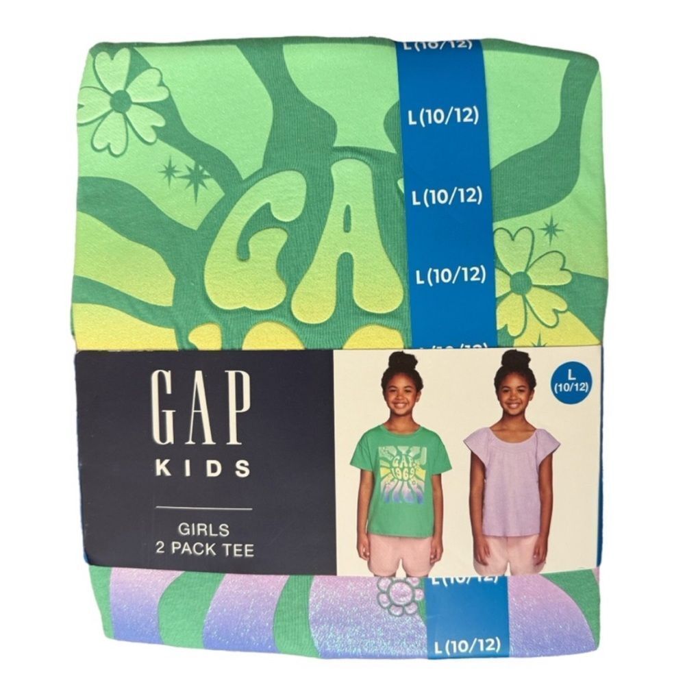 GAP Kids Girls 2-Pack Tees L 10/12 Green Orchid Bloom Retro Flutter NWT